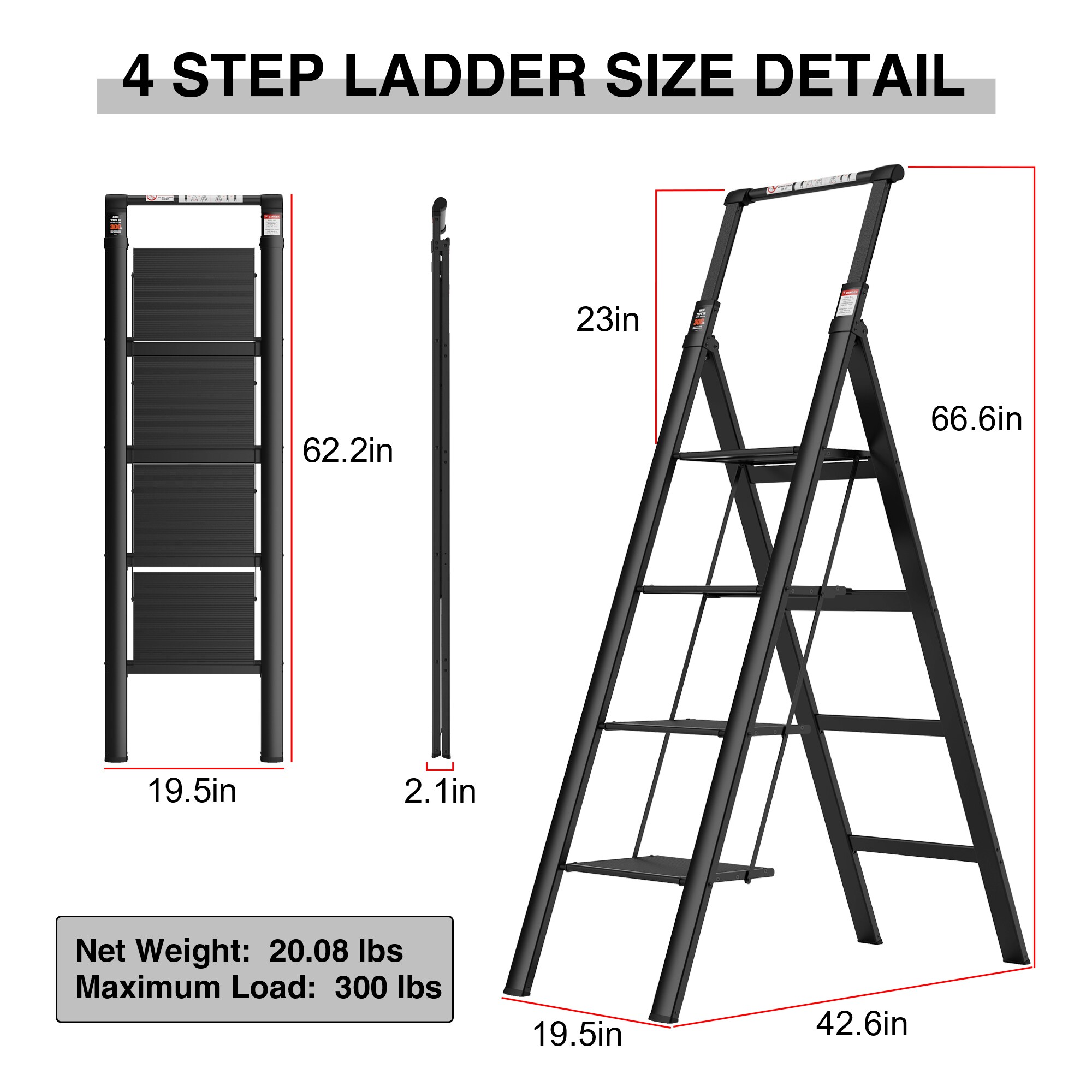 Escalera de 4 peldaños Maocao Hoom con capacidad de 300 lb, escalón plegable de aluminio negro