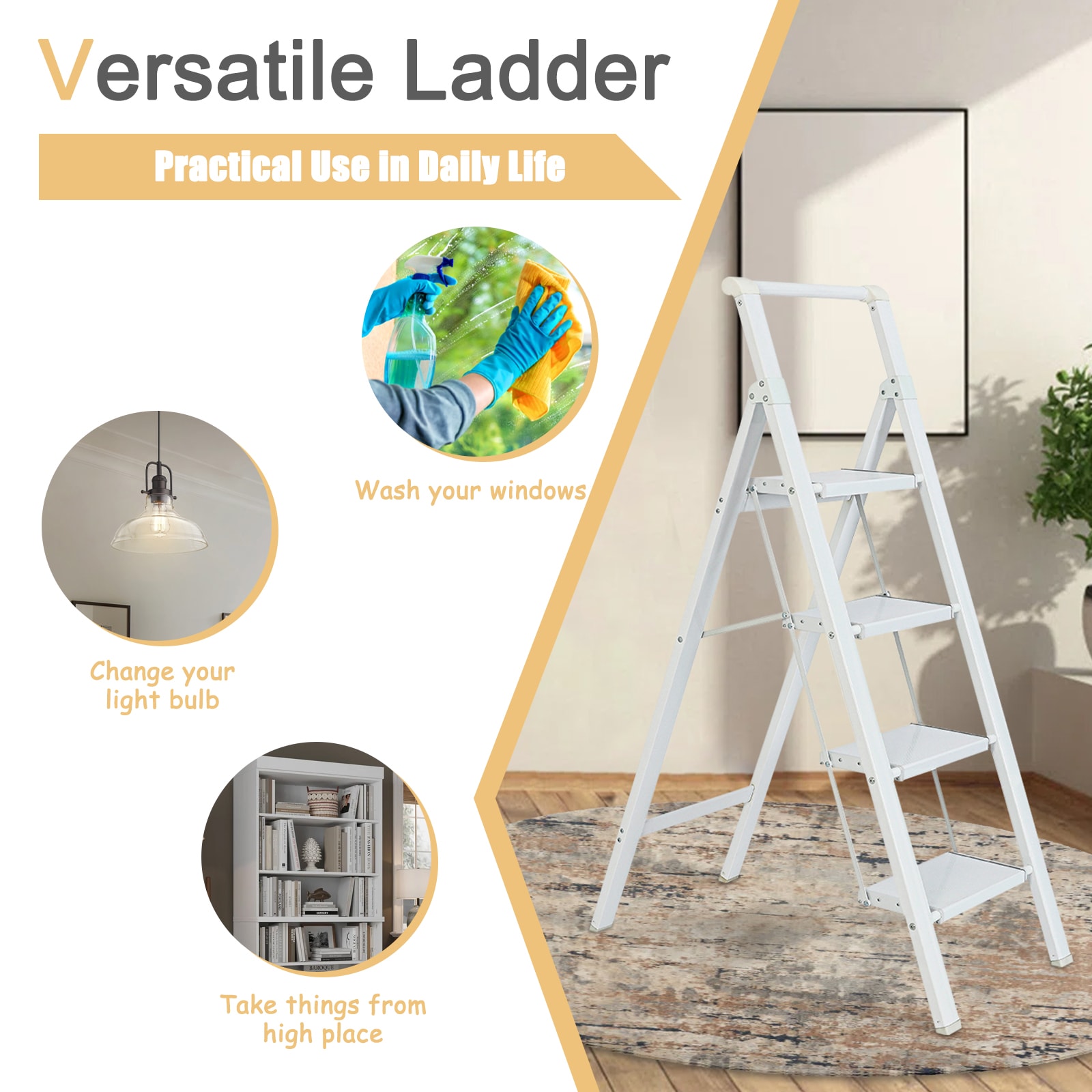 Escalón Plegable de Aluminio Blanco con Capacidad de 330 lb de Maocao Hoom de 4 Pasos