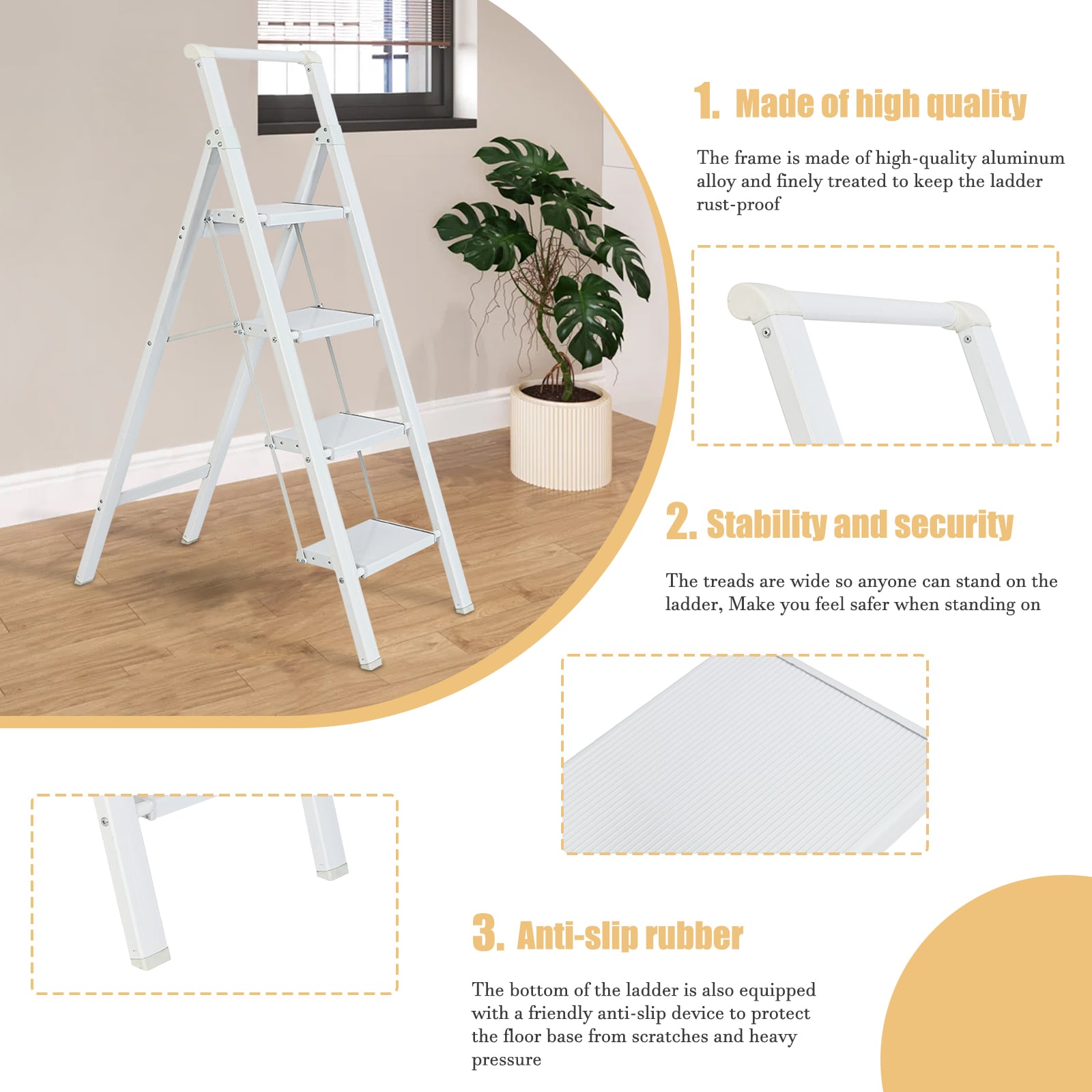 Escalón Plegable de Aluminio Blanco con Capacidad de 330 lb de Maocao Hoom de 4 Pasos
