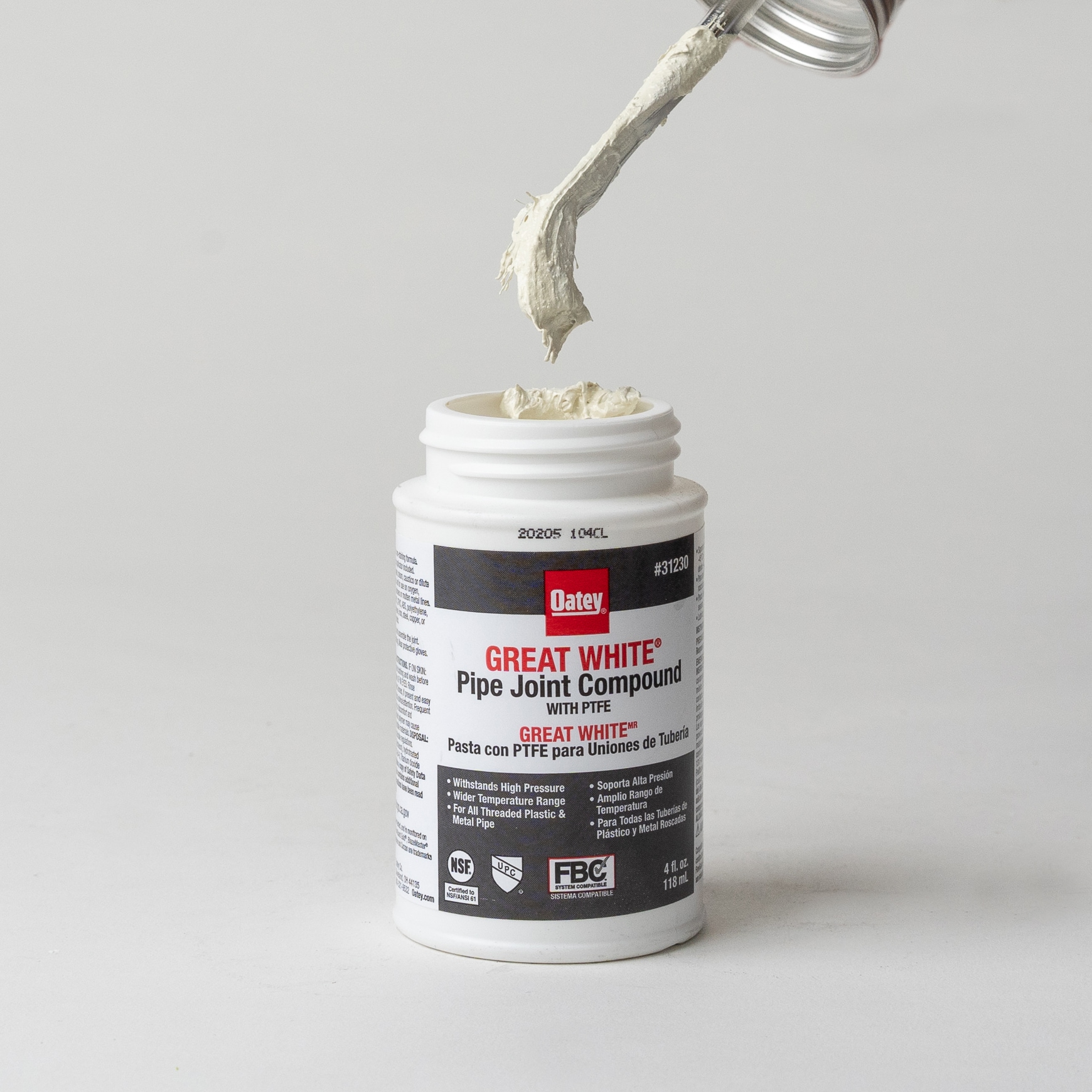 Compuesto sellador para tuberías Oatey Great White con PTFE de 4 fl oz 31230L
