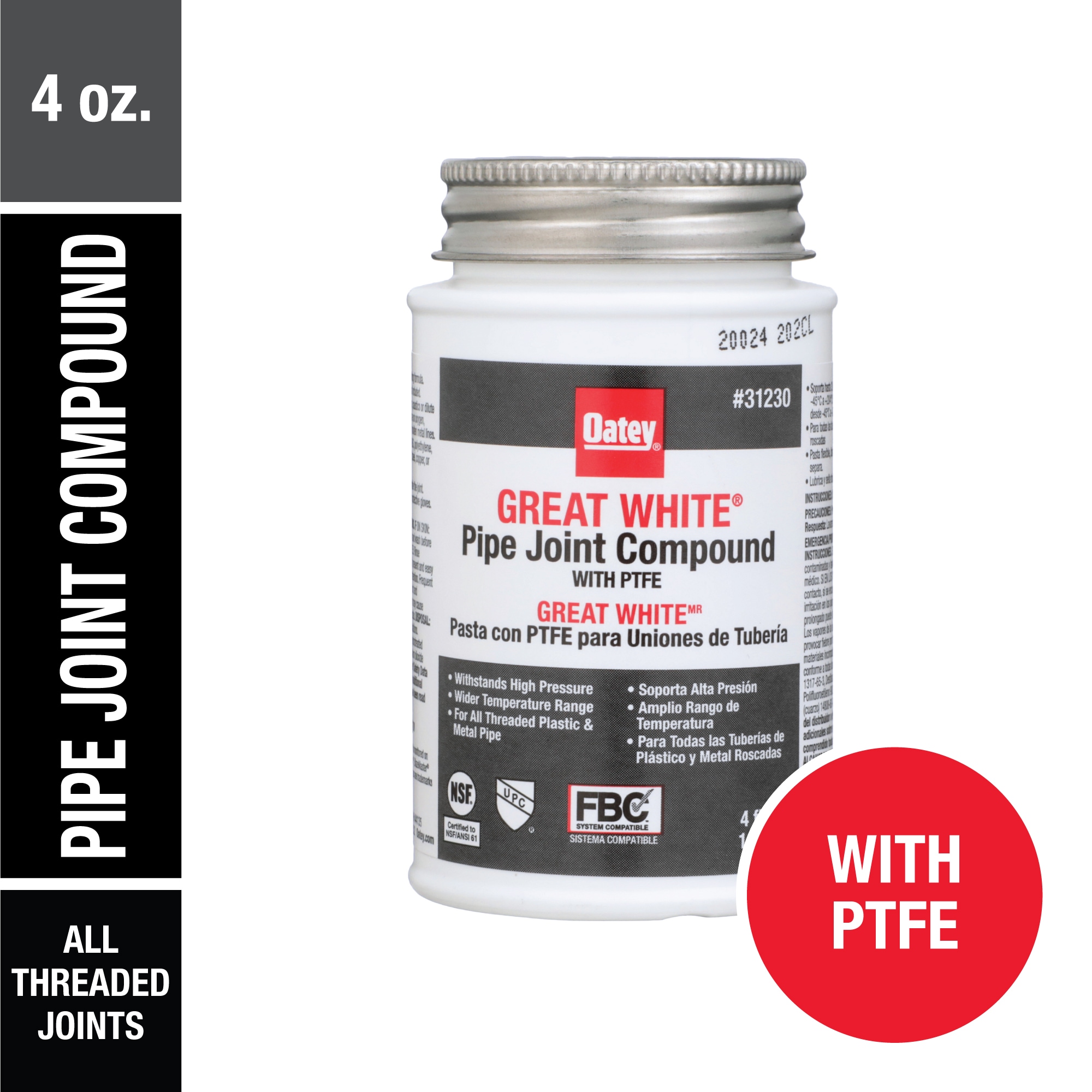 Compuesto sellador para tuberías Oatey Great White con PTFE de 4 fl oz 31230L