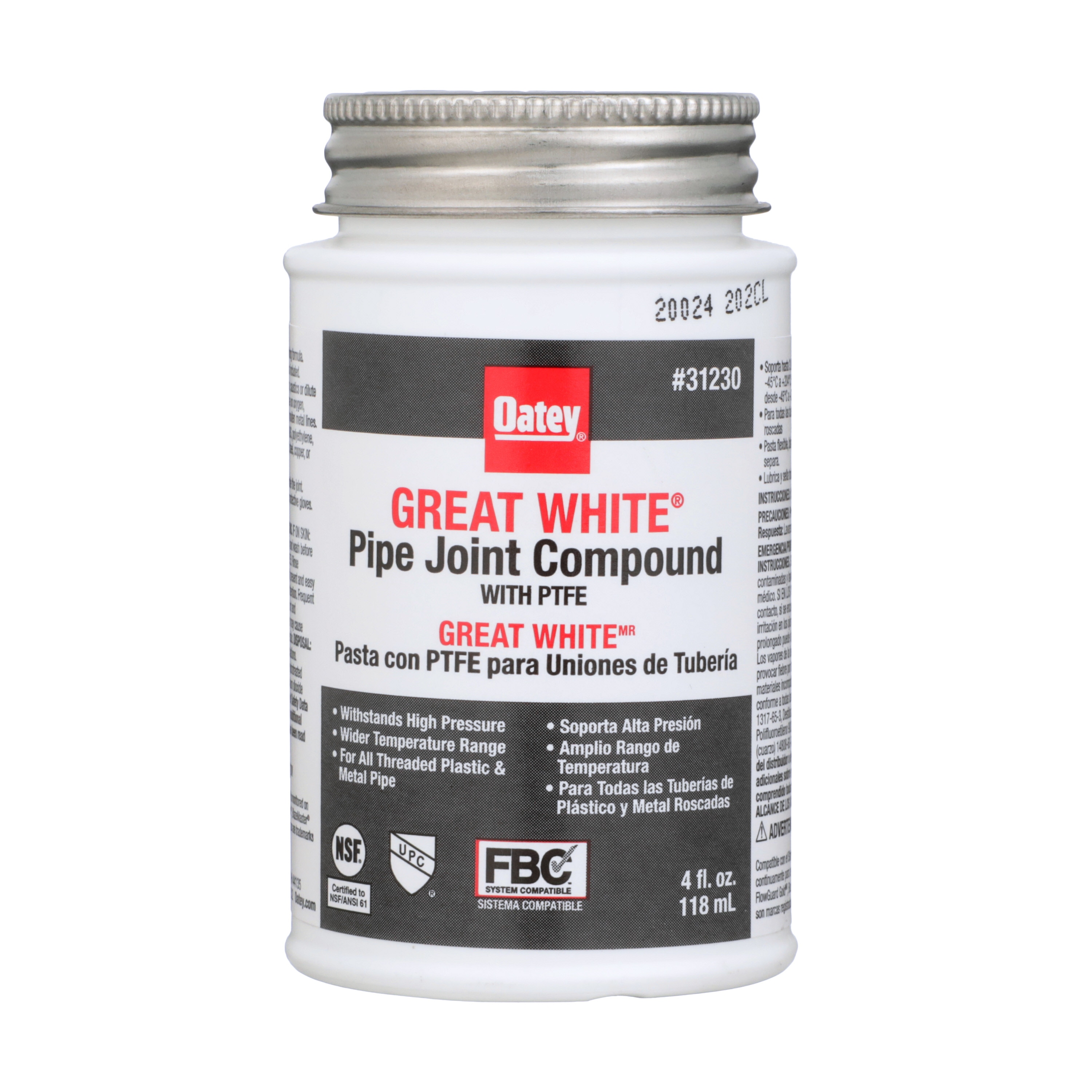 Compuesto sellador para tuberías Oatey Great White con PTFE de 4 fl oz 31230L