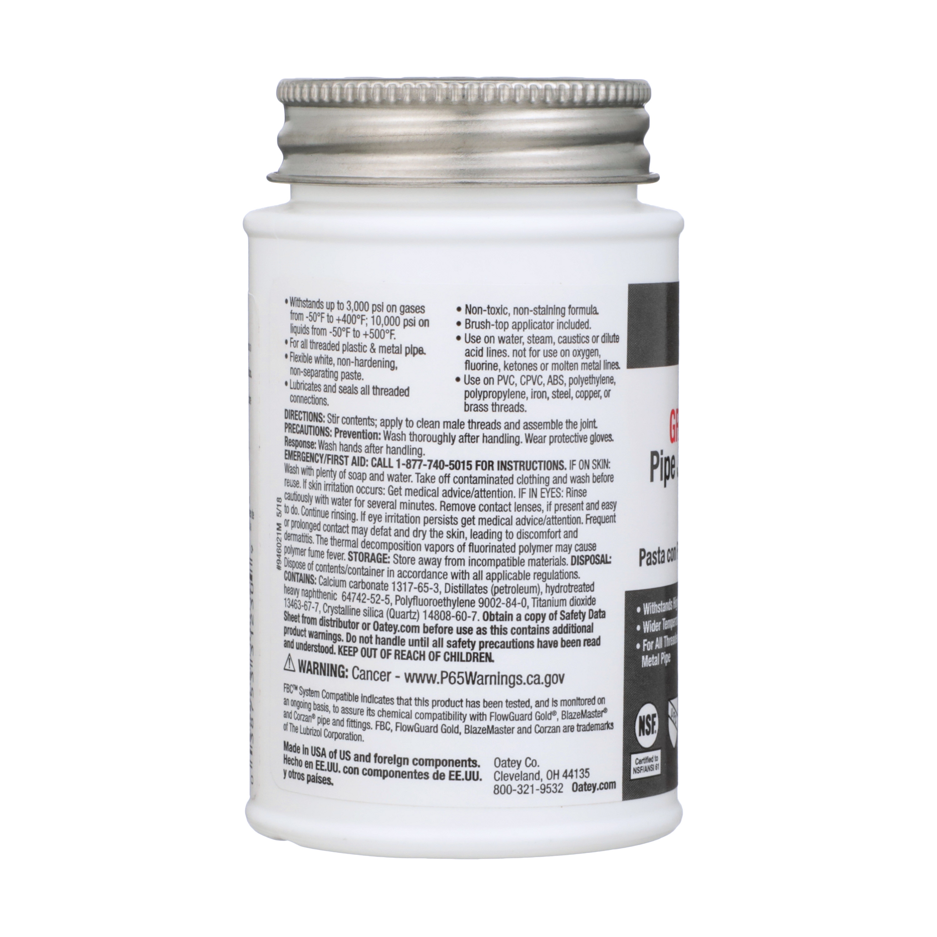 Compuesto sellador para tuberías Oatey Great White con PTFE de 4 fl oz 31230L