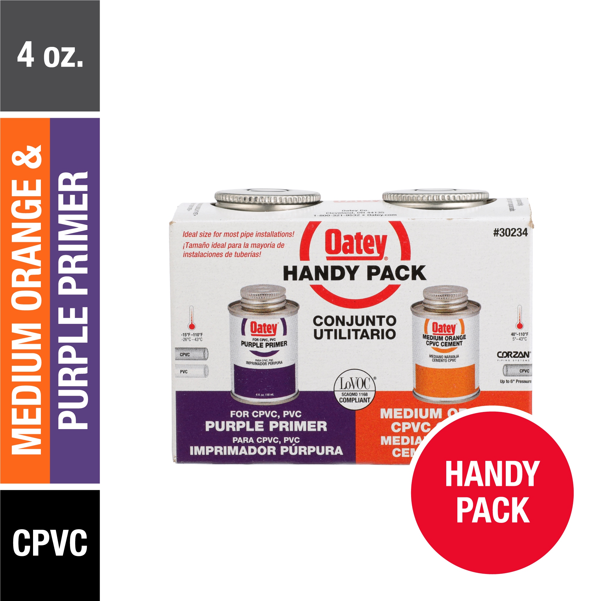 Paquete práctico de Oatey 4 oz Pega de CPVC morada y naranja con imprimante 30234L
