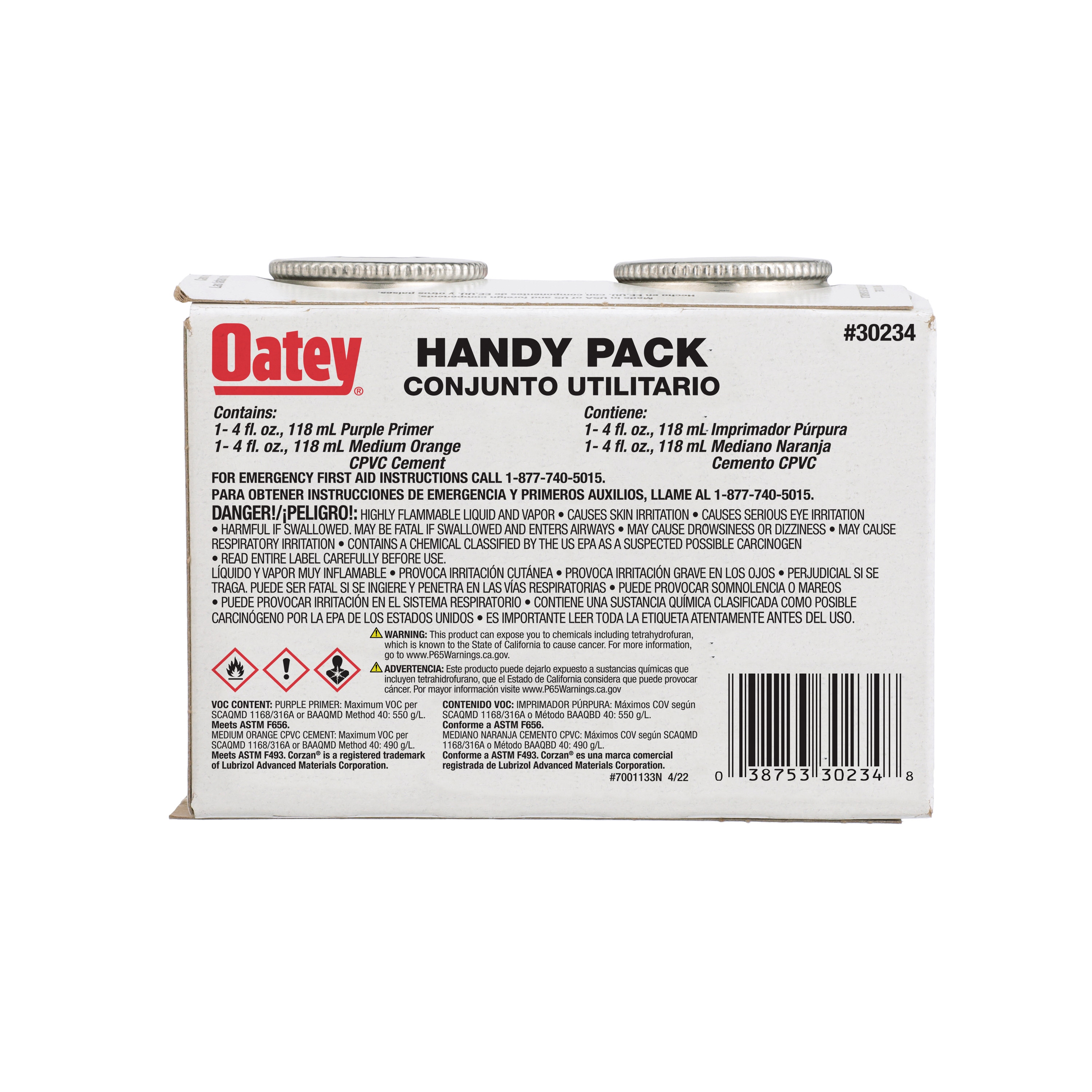 Paquete práctico de Oatey 4 oz Pega de CPVC morada y naranja con imprimante 30234L