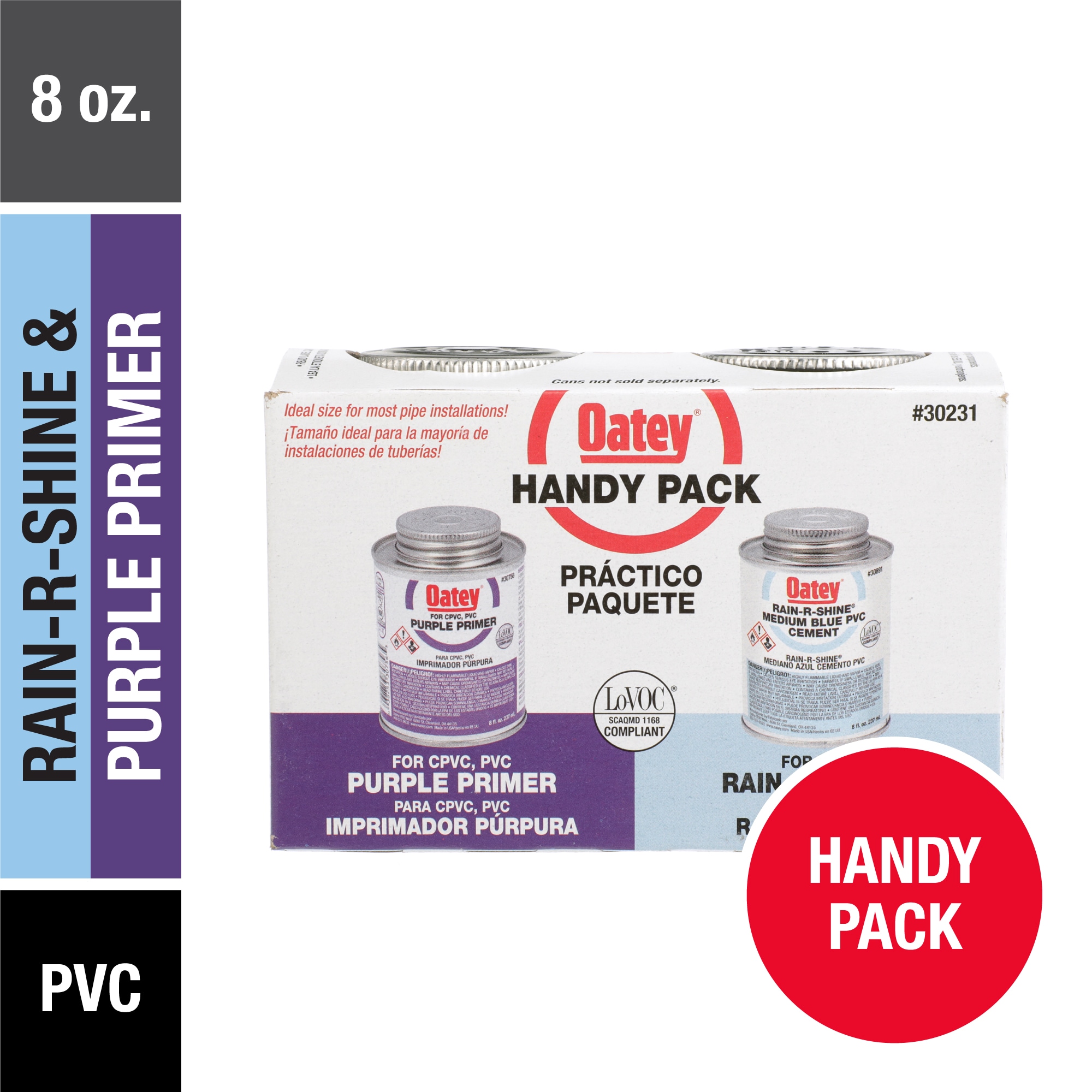 Paquete útil de Oatey 8 oz. de cemento y primer PVC morado y azul 30231L