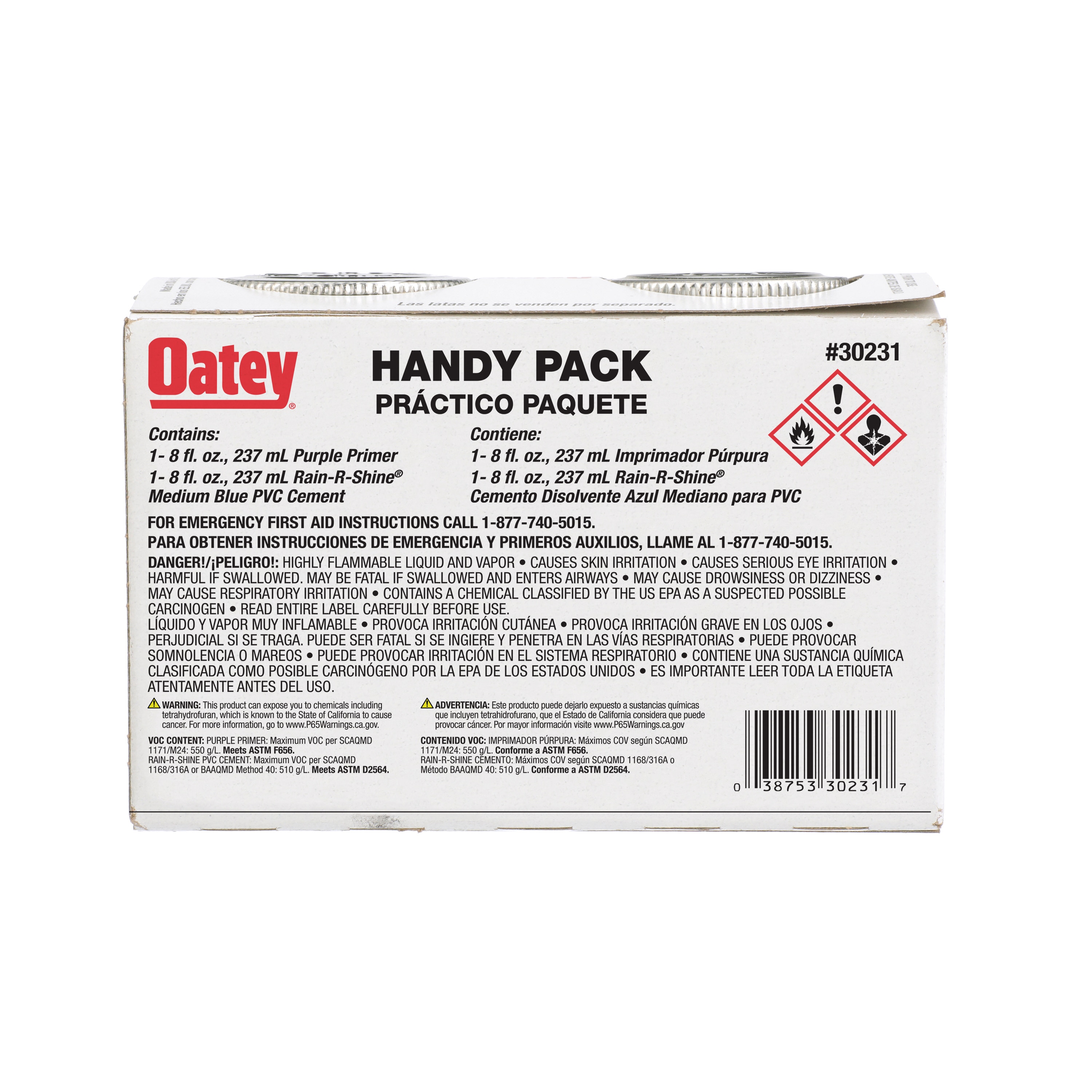 Paquete útil de Oatey 8 oz. de cemento y primer PVC morado y azul 30231L