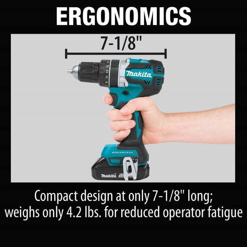 Kit de Taladro-Martillo Inalámbrico Brushless Compacto de 1/2 pulgadas de Ion de Litio LXT de 18V de Makita con (2) Baterías de 2.0Ah, Cargador y Bolsa - XPH12R