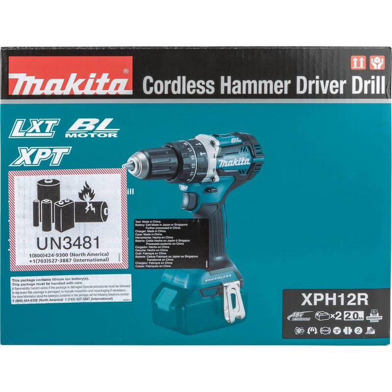 Kit de Taladro-Martillo Inalámbrico Brushless Compacto de 1/2 pulgadas de Ion de Litio LXT de 18V de Makita con (2) Baterías de 2.0Ah, Cargador y Bolsa - XPH12R
