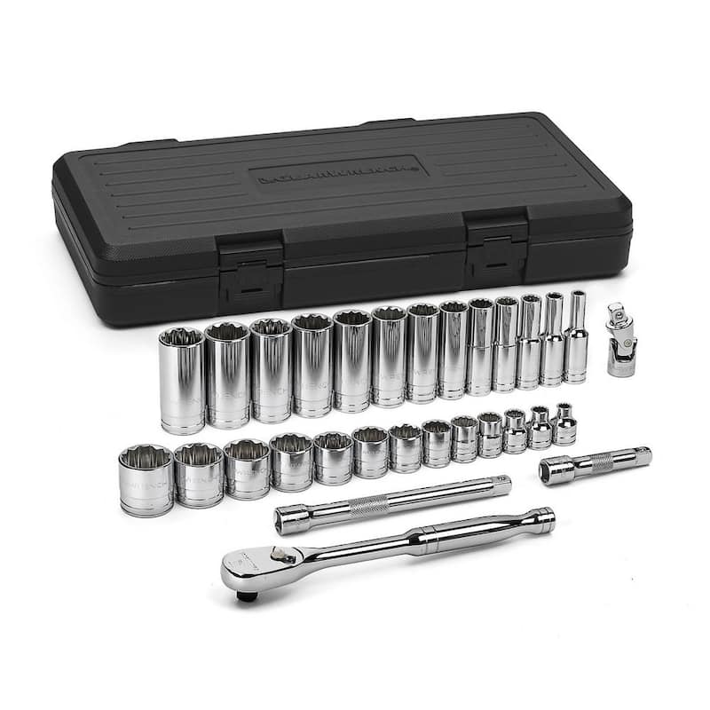 Juego de herramientas para mecánicos de 30 piezas con trinquete de 90 dientes de 12 puntos estándar y profundo SAE de 3/8 pulgadas de GEARWRENCH - 80568