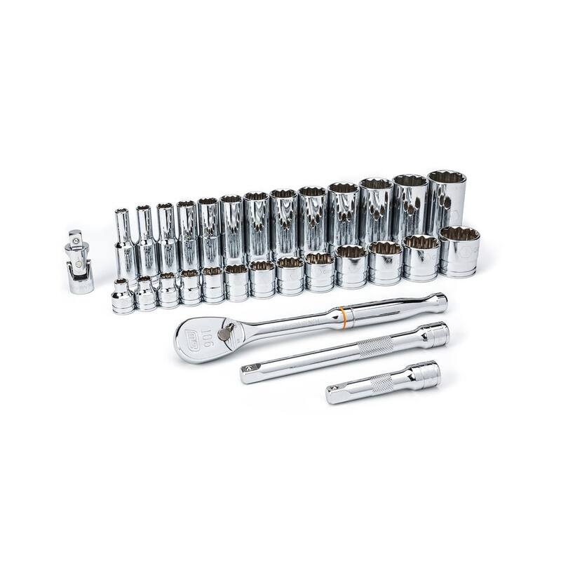 Juego de herramientas para mecánicos de 30 piezas con trinquete de 90 dientes de 12 puntos estándar y profundo SAE de 3/8 pulgadas de GEARWRENCH - 80568
