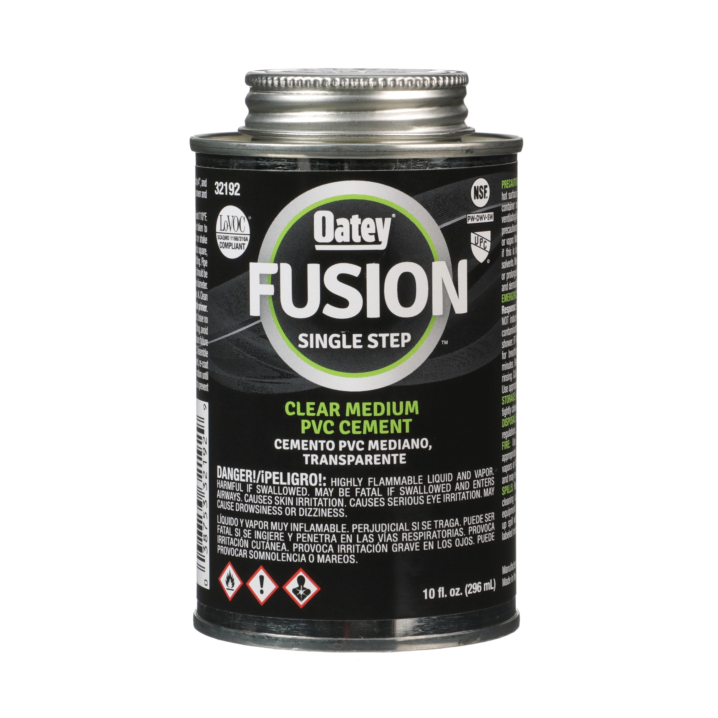 Cemento y primer PVC transparente de 10 oz Fusion One-Step de Oatey 32192L