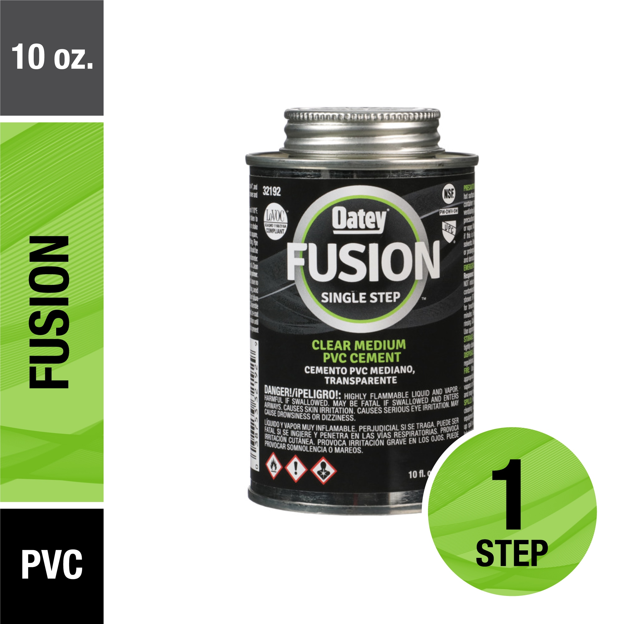 Cemento y primer PVC transparente de 10 oz Fusion One-Step de Oatey 32192L