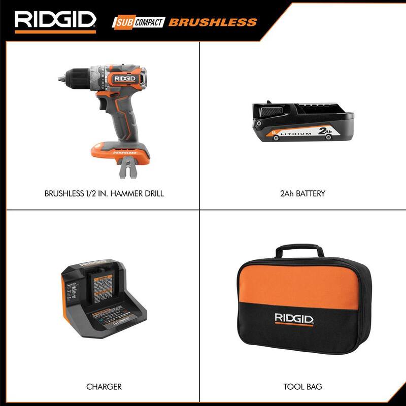 RIDGID 18V SubCompact Brushless Taladro de martillo de 1/2 pulgada Kit con (2) baterías de 2.0 Ah, cargador y bolsa - R8711K