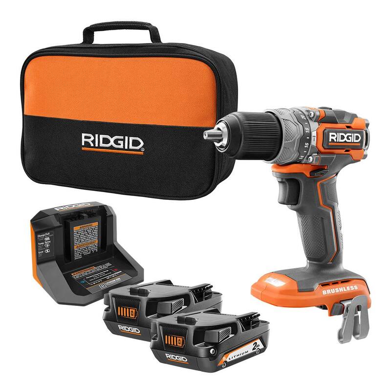 RIDGID 18V SubCompact Brushless Taladro de martillo de 1/2 pulgada Kit con (2) baterías de 2.0 Ah, cargador y bolsa - R8711K