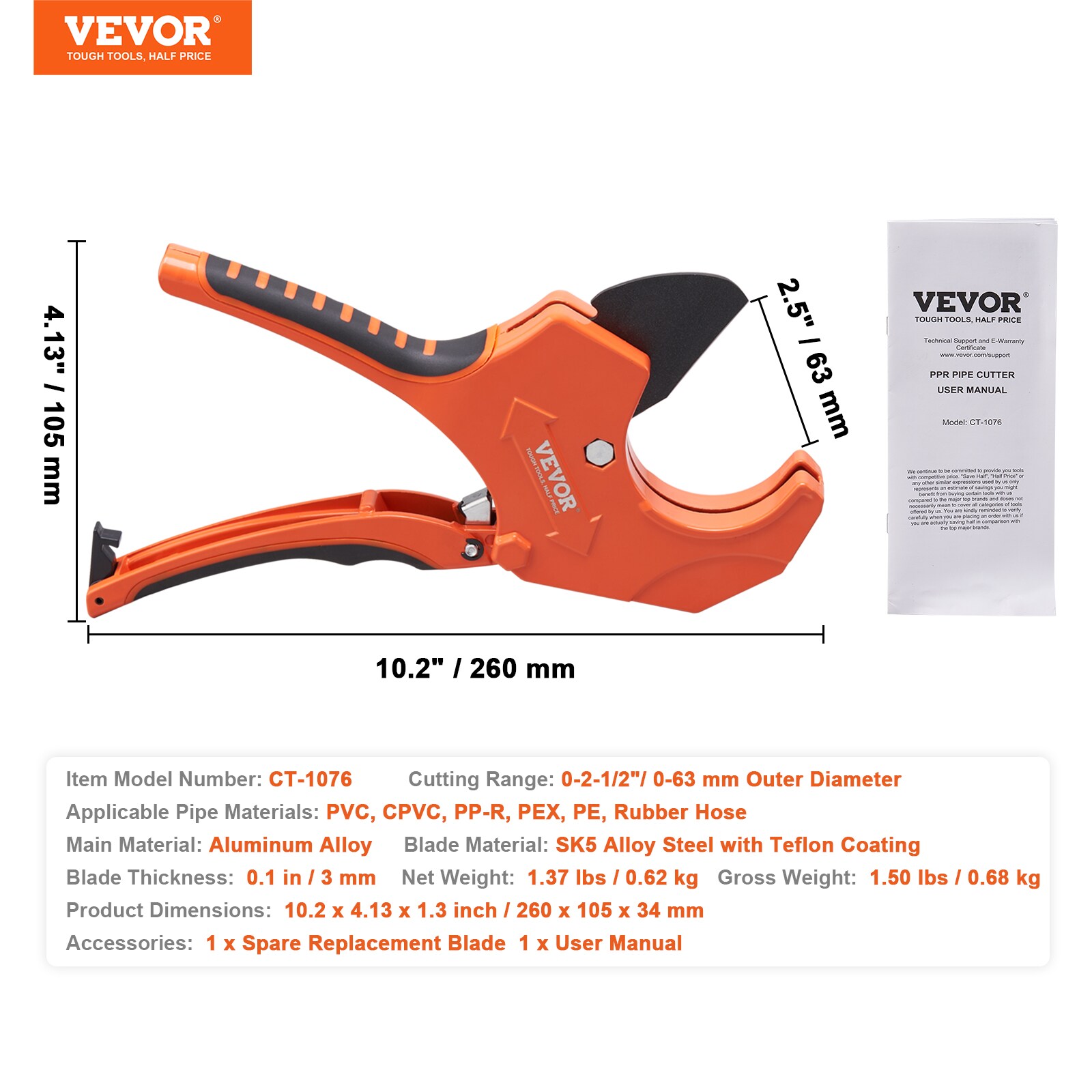 Cortador de tubos de PVC VEVOR de 2-1/2" O.D. tipo trinquete 2-1/2 pulgadas cortador de PVC