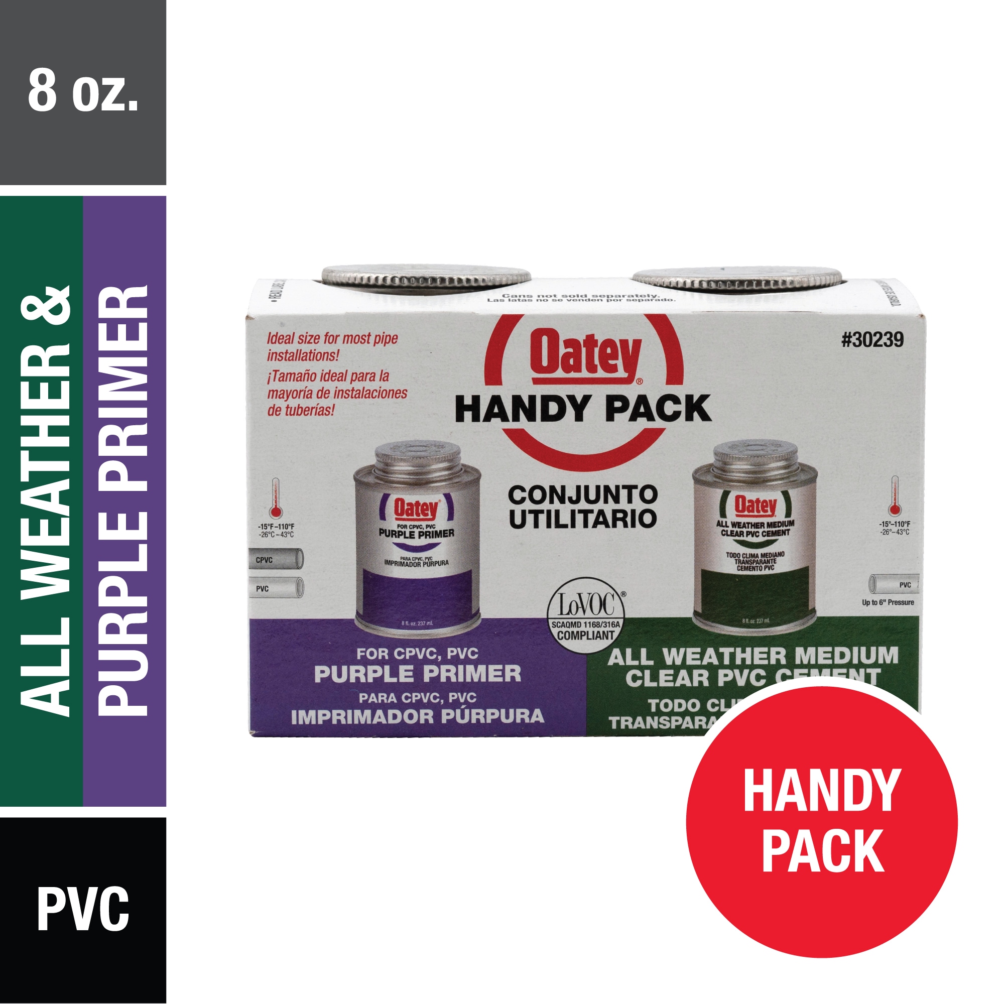 Paquete Práctico Oatey de Cemento y Primer PVC Todo Clima en Presentaciones de 8 onzas Morado y Transparente - 30239L