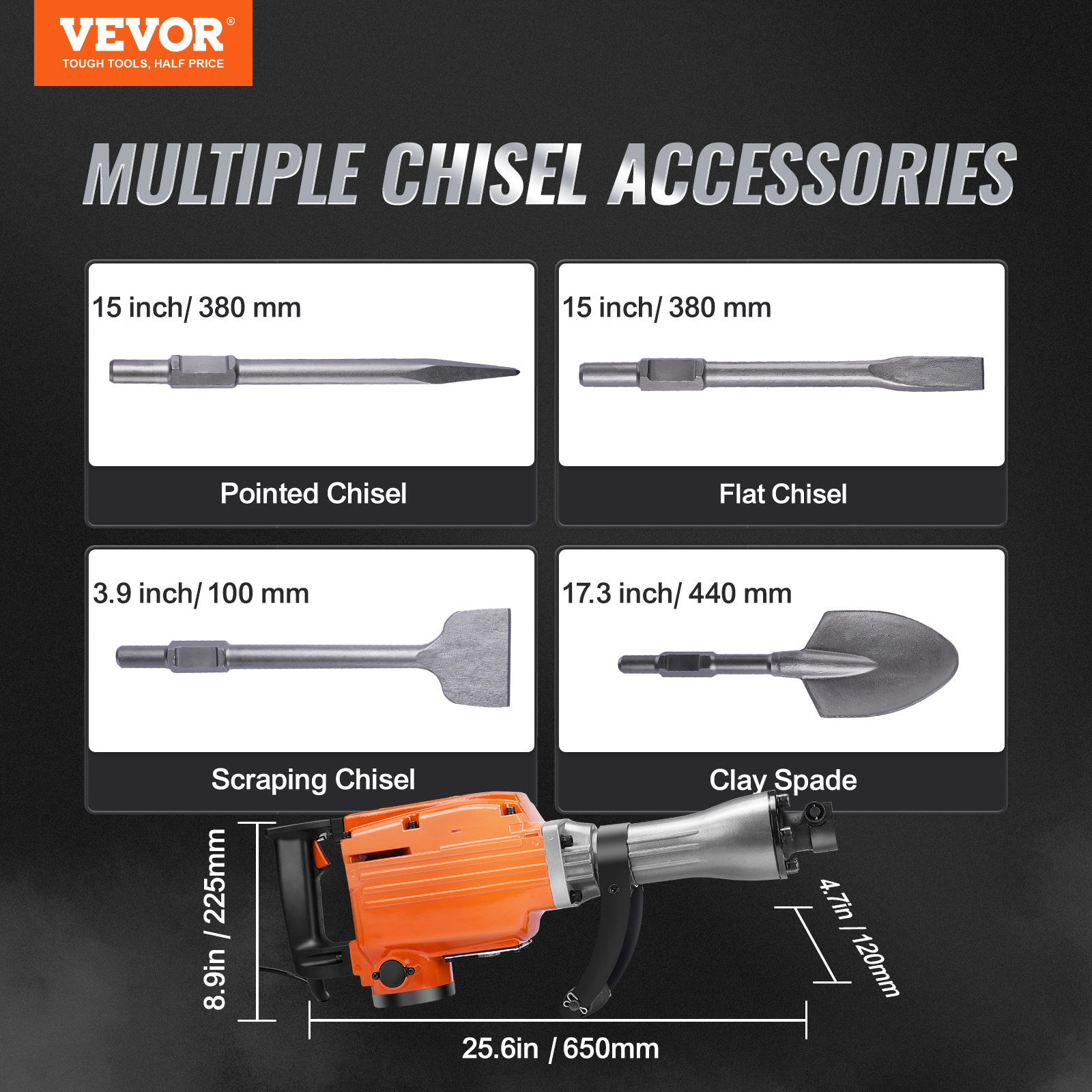 Martillo Demoledor con cable de 110 voltios de 2200 W y 4 puntas tipo cincel a 1400 BPM