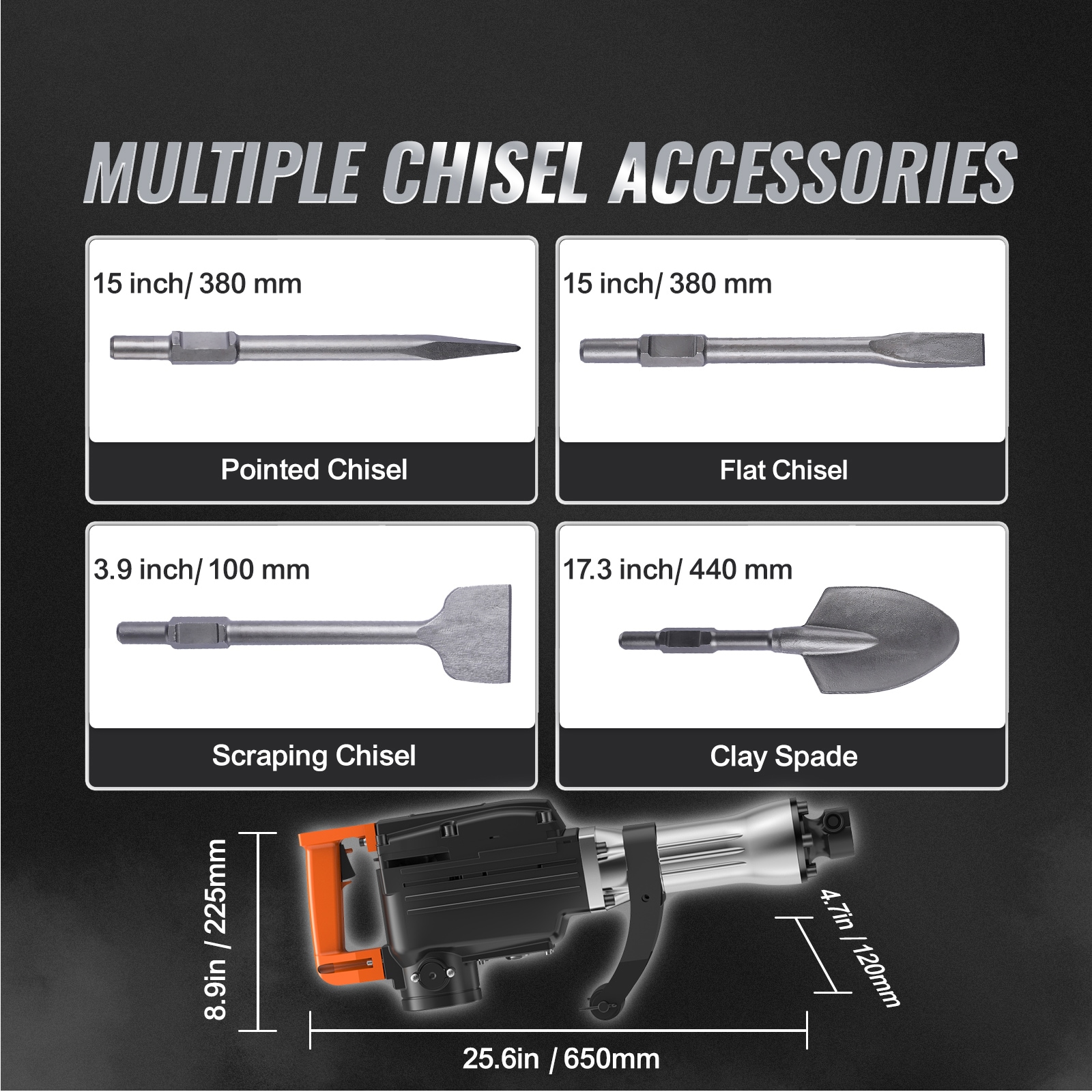 Martillo demoledor con cable de 110 voltios SVOPES 2200 W con 4 puntas cinceladoras a 1350 BPM
