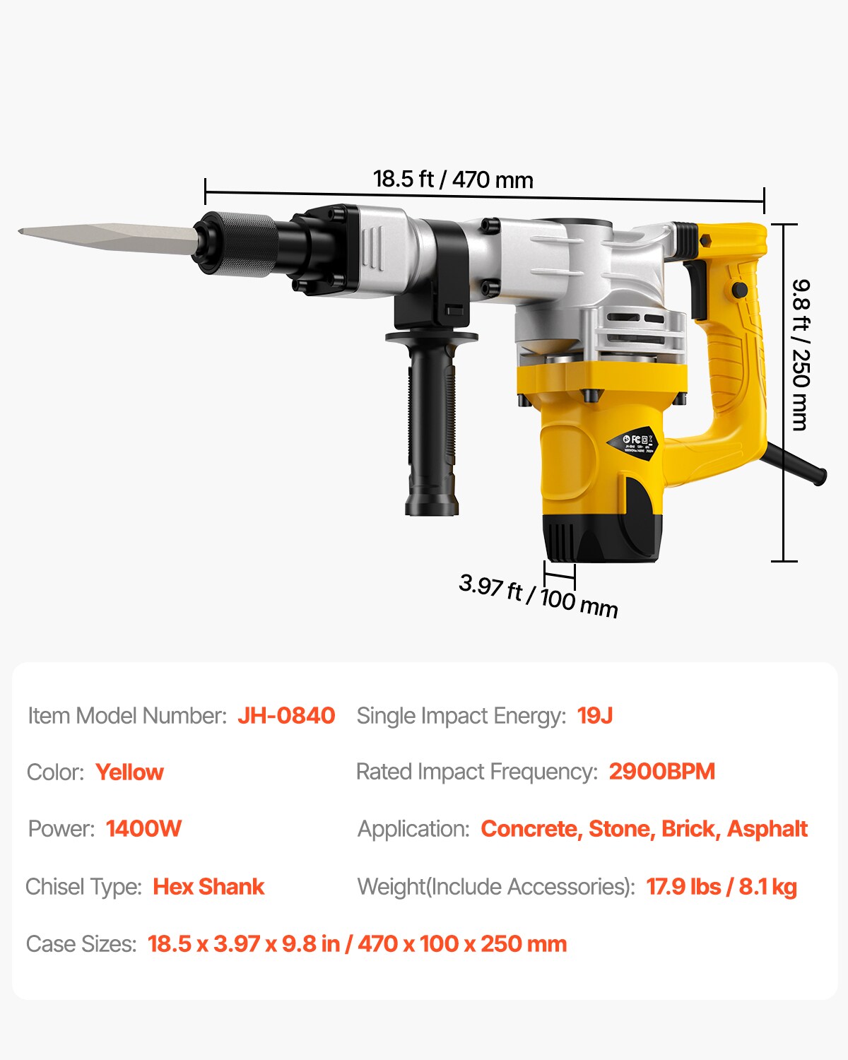 Martillo demoledor con cable de 110 voltios SVOPES 1400 W con 2 puntas de cincel a 2900 BPM