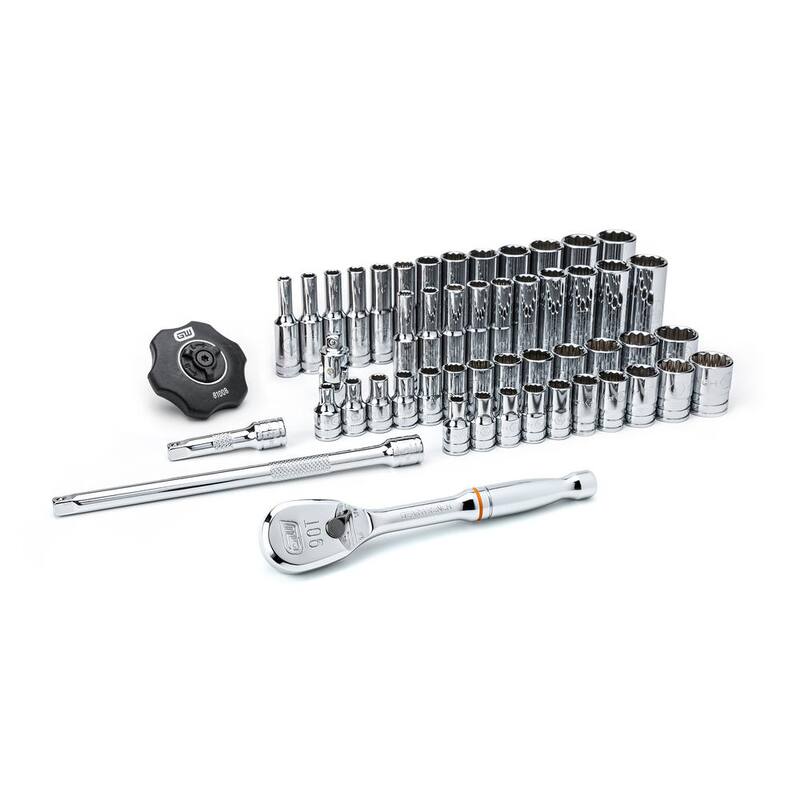 Juego de herramientas para mecánicos GEARWRENCH de 1/4 de pulgada con trinquete de 12 puntas SAE/Métricas de 90 dientes y vasos (51 piezas) - 80301