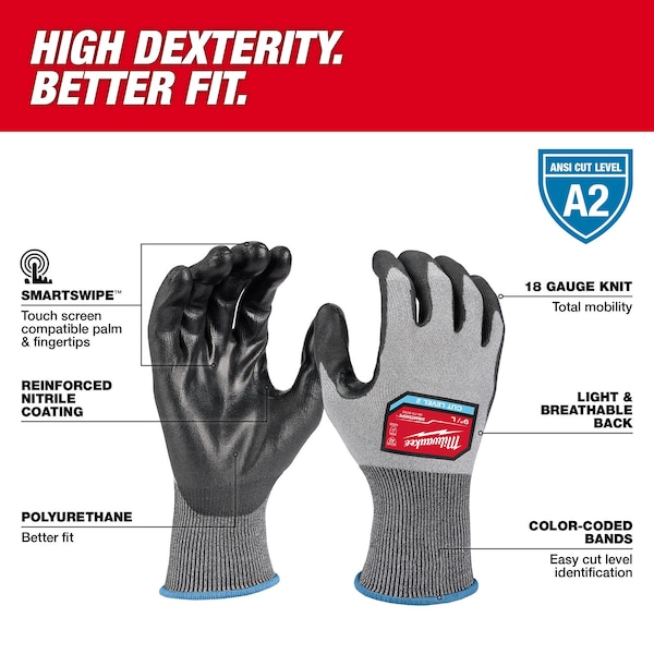 Guantes Milwaukee Tool con nivel de corte 2 de alta destreza con recubrimiento de poliuretano - S, nivel de corte A2, calibre 18, color gris, talla S (7) - 48-73-8720