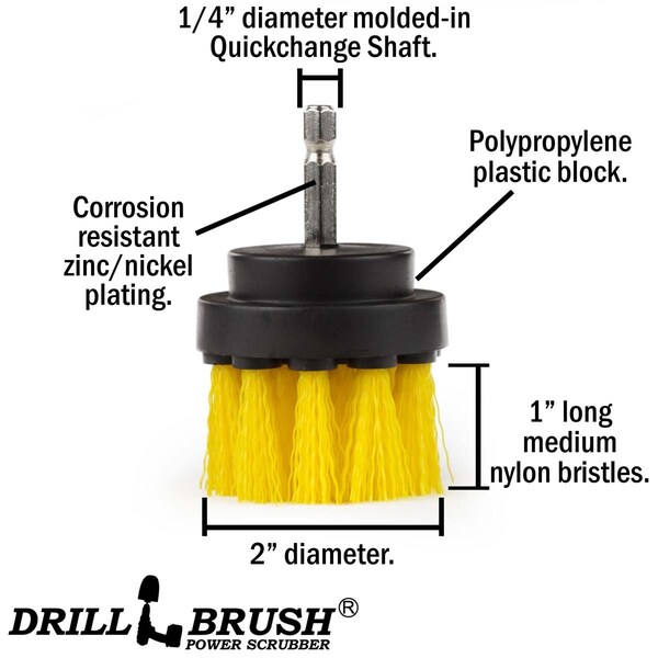 Cepillo de limpieza para taladro Drillbrush Power Drill Attachment para limpiar baños - 2IN-LIM-AMARILLO-CORTO-QC