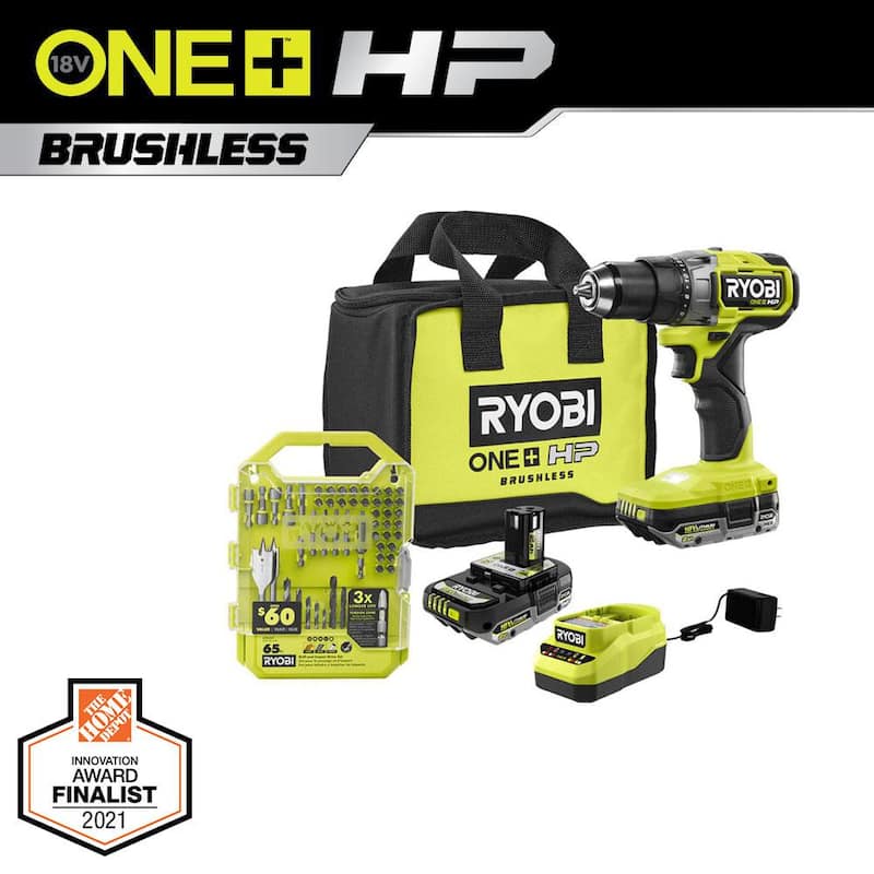 RYOBI ONE+ HP 18V Taladro/Atornillador Inalámbrico sin Escobillas de 1/2 pulg. con Kit de (2) Baterías, Cargador, Bolsa y Kit de Brocas y Puntas (65 piezas) - PBLDD01K-A986501