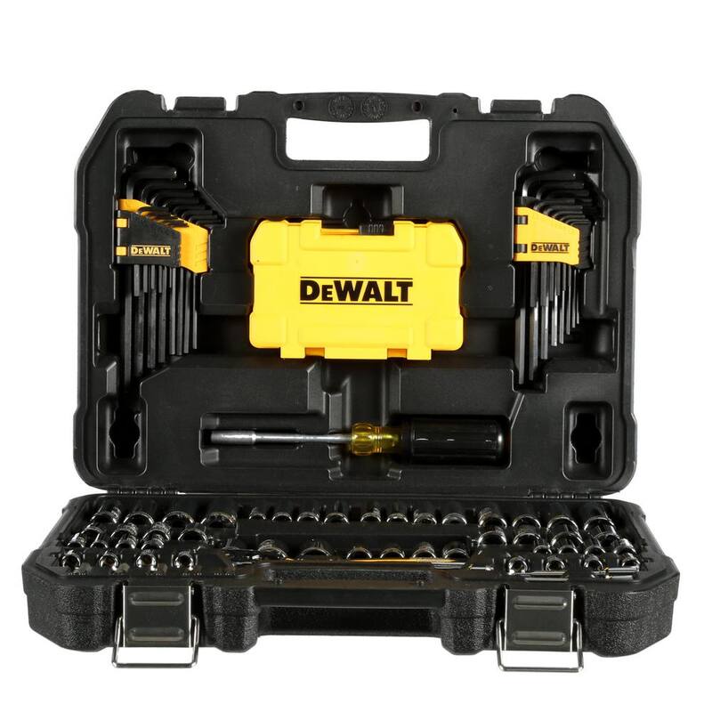 Set de herramientas mecánicas con accionamiento de 1/4" x 3/8" de cromo pulido de DEWALT (108 piezas) y cinta métrica de bolsillo de 9 pies x 1/2" - DWMT73801W33028