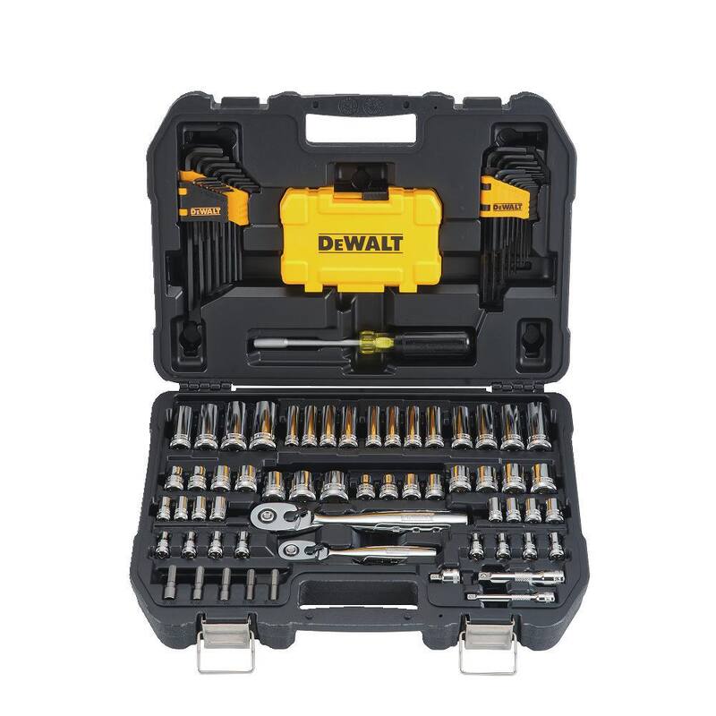 Set de herramientas mecánicas con accionamiento de 1/4" x 3/8" de cromo pulido de DEWALT (108 piezas) y cinta métrica de bolsillo de 9 pies x 1/2" - DWMT73801W33028
