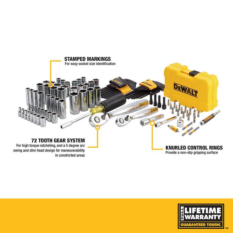 Set de herramientas mecánicas con accionamiento de 1/4" x 3/8" de cromo pulido de DEWALT (108 piezas) y cinta métrica de bolsillo de 9 pies x 1/2" - DWMT73801W33028