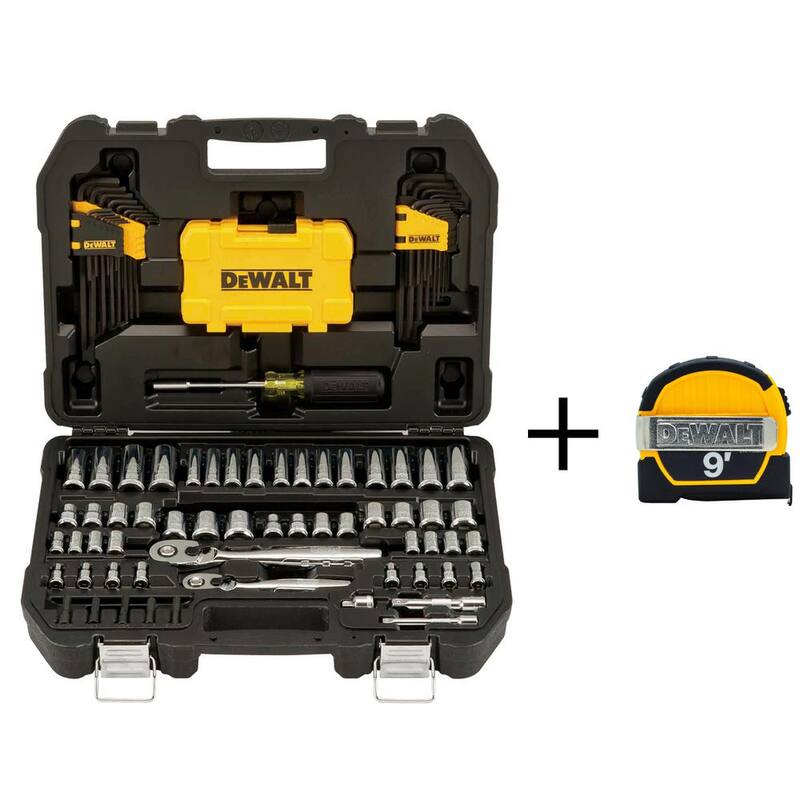 Set de herramientas mecánicas con accionamiento de 1/4" x 3/8" de cromo pulido de DEWALT (108 piezas) y cinta métrica de bolsillo de 9 pies x 1/2" - DWMT73801W33028