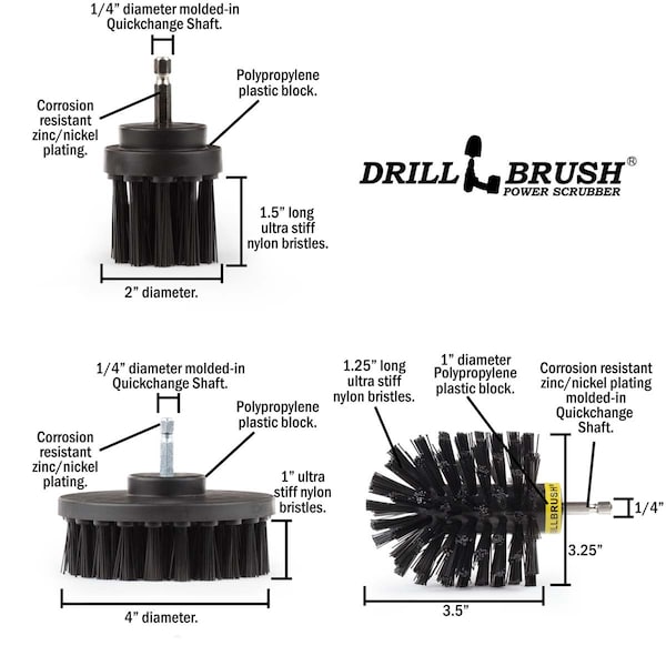 Cepillo eléctrico para taladro Drill Brush Power Scrubber de Useful Products 5 pulgadas de ancho 5 pulgadas de largo, color negro - K-4OS-2L-QC-DB