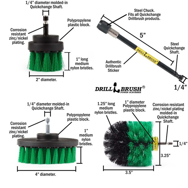 Cepillo Eléctrico Taladro Power Scrubber de Useful Products 5 pulgadas de ancho por 5 pulgadas de largo, verde - G-S-42O-5X-QC-DB