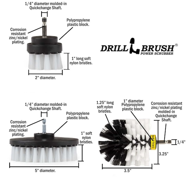 Cepillo para Taladro Power Scrubber de Useful Products 5 pulgadas de ancho y 5 pulgadas de largo, blanco - W-S-52O-QC-DB
