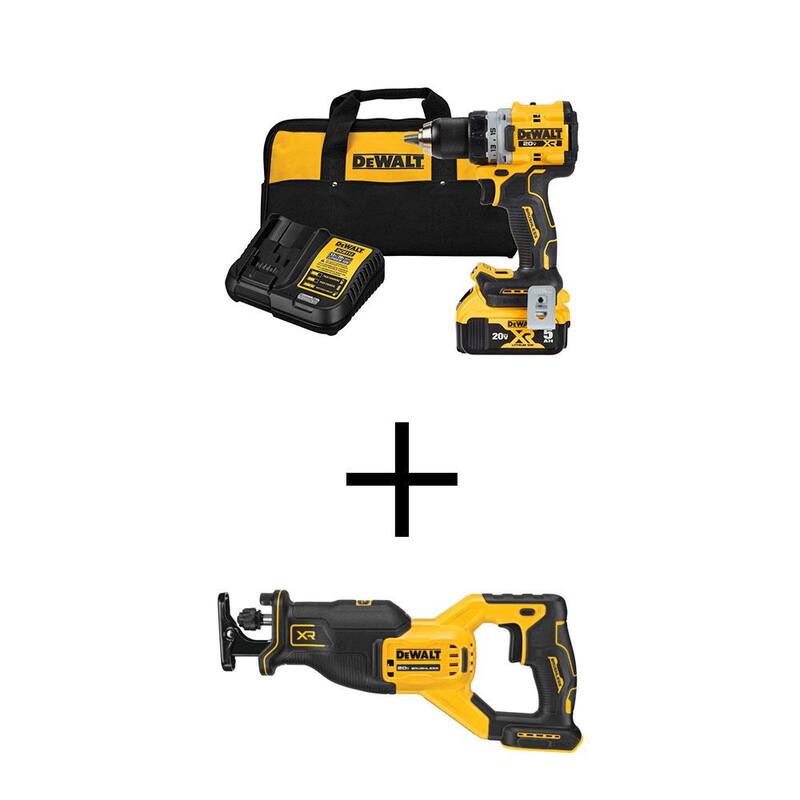 Equipo de taladro/destornillador compacto inalámbrico DEWALT 20-Volt Maximum XR de 1/2 pulgadas con batería de 5.0Ah y cargador, y sierra de vaivén sin escobillas - DCD800P1WCS382B