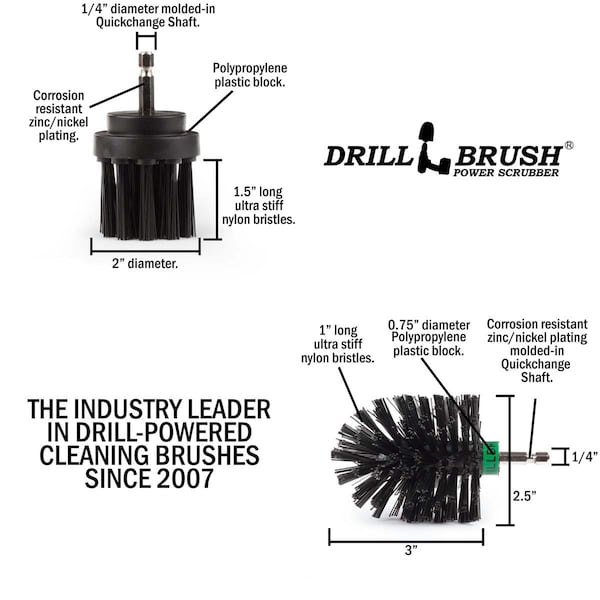 Drillbrush tamaño mini de cerdas largas ultra rígidas en negro para taladro de limpieza rotativo, paquete de 2 - K-L-2M-QC-DB