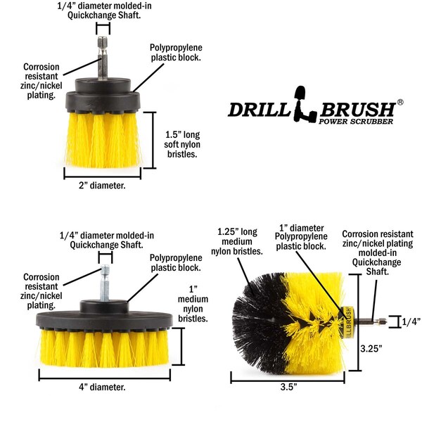 Cepillo Taladro Limpiador de Potencia de Useful Products 5 pulgadas de ancho 5 pulgadas de largo, color amarillo - Y-4OS-2L-QC-DB