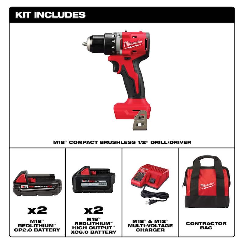 Milwaukee M18 18-Volt Lithium-Ion Brushless Cordless 1/2 in. Kit de taladro/destornillador compacto con batería de alto rendimiento 6.0Ah (paquete de 2) - 3601-22CT-48-11-1862.