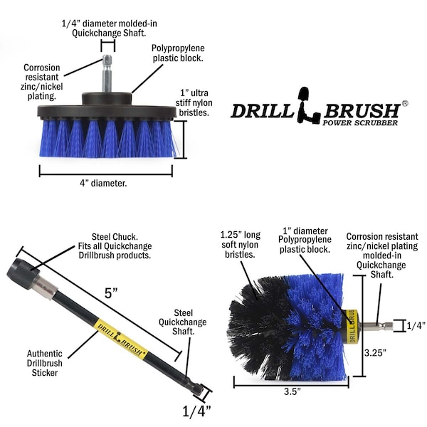 Cepillo Taladro Limpiador Potenciado por Useful Products 5 pulgadas de ancho por 5 pulgadas de largo, Azul - B-S-4O-5X-QC-DB