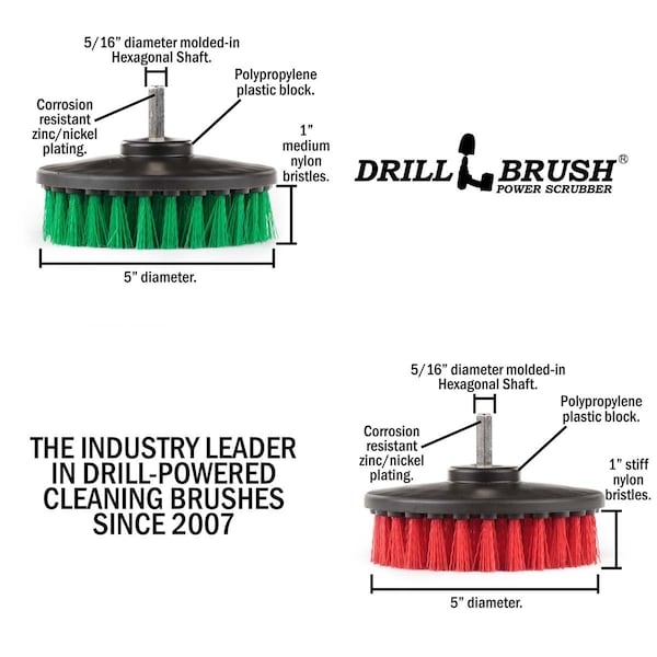Cepillo de taladro Drillbrush - Suministros de limpieza - Kit de cepillos de cerdas medianas y duras - 5IN-S-GR-H-DB