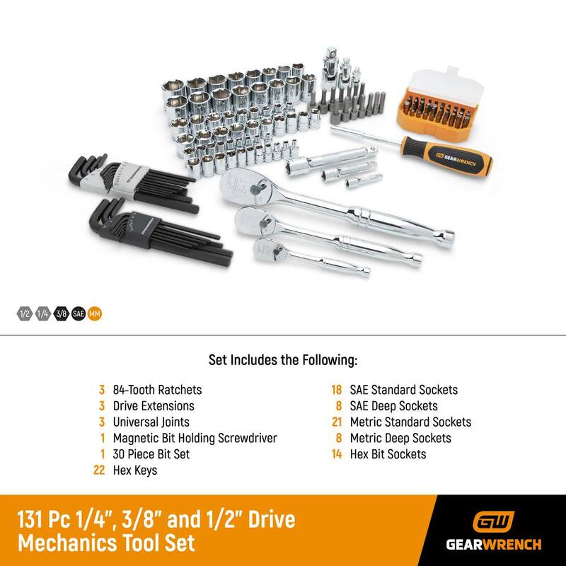 Estuche de herramientas para mecánicos GEARWRENCH de 1/4 in., 3/8 in. y 1/2 in. Con trinquete de 84 dientes, estándar, SAE/Métrico en estuche de almacenamiento (131 piezas) - 89089