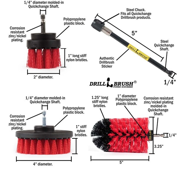 Cepillo Taladro Power Scrubber de Useful Products 5 pulgadas de Ancho 7 pulgadas de Largo, Rojo - R-S-42J-5X-QC-DB