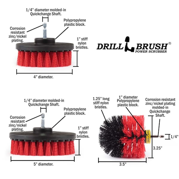 Cepillo de Taladro Power Scrubber de Useful Products 7 pulgadas de ancho 5 pulgadas de largo, Rojo - R-542OMS-2L-7X-QC-DB