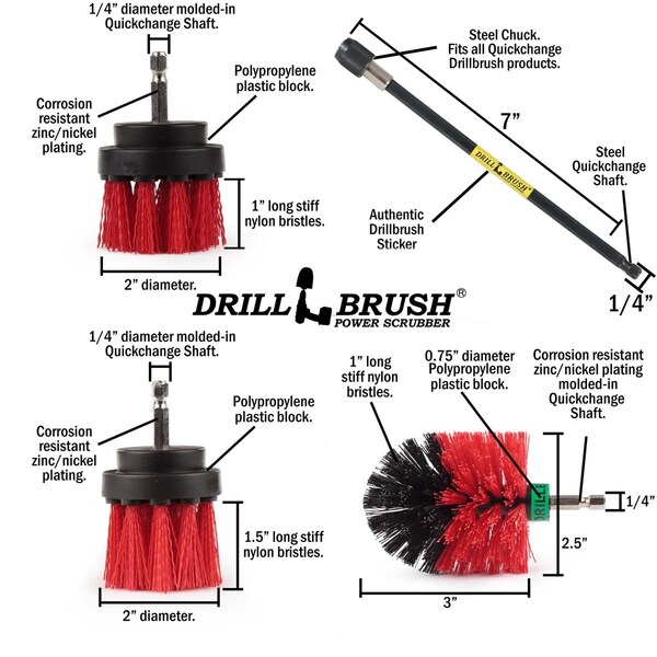 Cepillo de Taladro Power Scrubber de Useful Products 7 pulgadas de ancho 5 pulgadas de largo, Rojo - R-542OMS-2L-7X-QC-DB