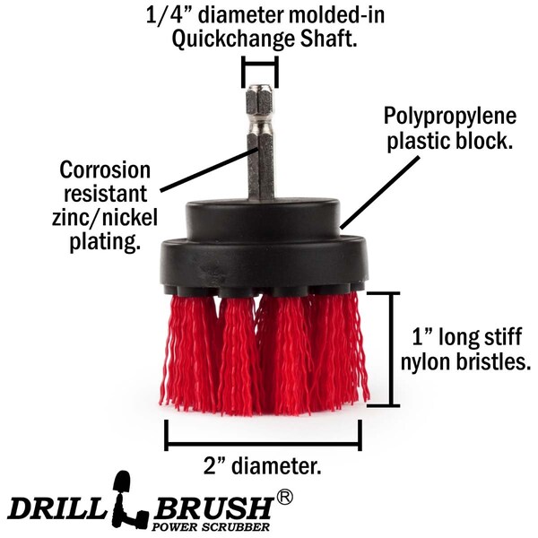 Cepillo para taladro Drillbrush Outdoor - Patio - para limpiar estatuas de jardín y baños de aves - 2IN-LIM-RED-SHORT-QC