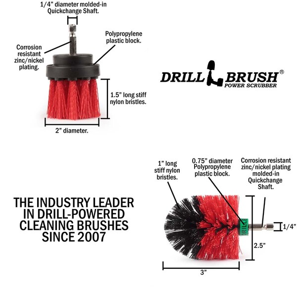 Cepillo Rotativo para Taladro Drillbrush Mini Tamaño con Cerdas Largas y Rígidas Rojas, PK 2 - R-L-2M-QC-DB