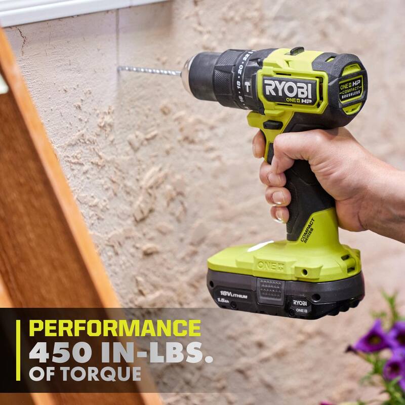 RYOBI ONE+ HP 18V Taladro/Atornillador Compacto Inalámbrico sin Escobillas de 1/2 pulgadas con Martillo, Kit con Batería de 1.5 Ah y Cargador - PSBHM02K1