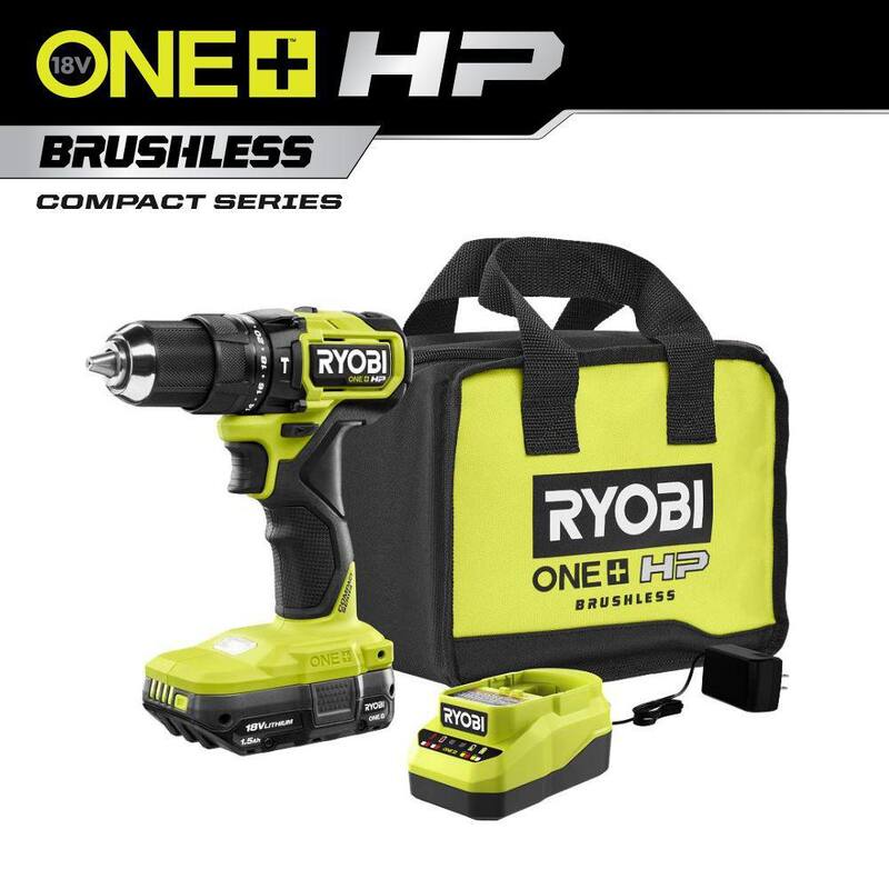 RYOBI ONE+ HP 18V Taladro/Atornillador Compacto Inalámbrico sin Escobillas de 1/2 pulgadas con Martillo, Kit con Batería de 1.5 Ah y Cargador - PSBHM02K1