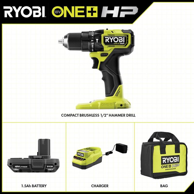 RYOBI ONE+ HP 18V Taladro/Atornillador Compacto Inalámbrico sin Escobillas de 1/2 pulgadas con Martillo, Kit con Batería de 1.5 Ah y Cargador - PSBHM02K1
